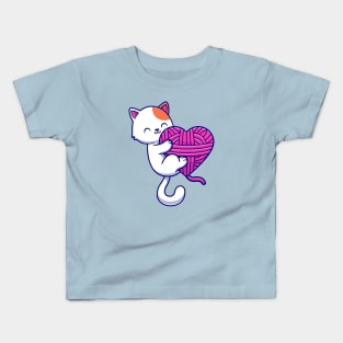 Cute Cat Playing Yarn Ball Cartoon Kids T-Shirt